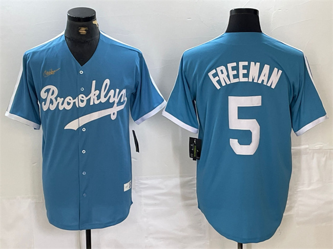 Men's Los Angeles Dodgers #5 Freddie Freeman Light Blue Throwback Cool Base Stitched Baseball Jersey